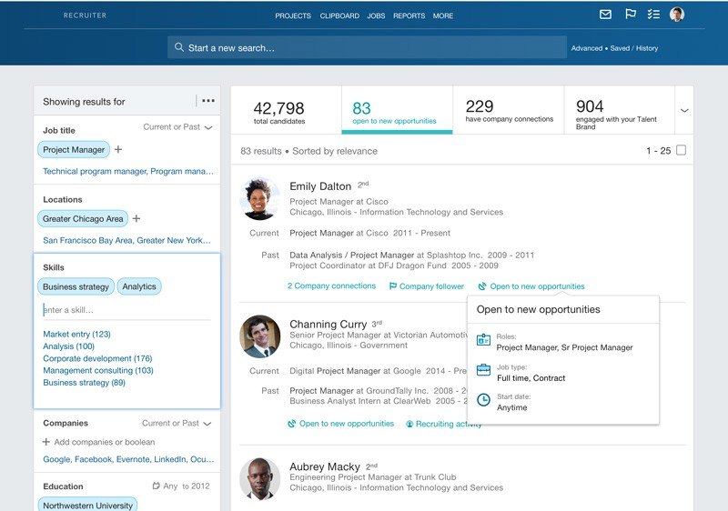 Screenshot of LinkedIn recruiter to show example of returned search results.